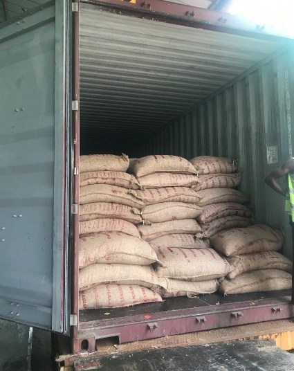 Green coffee bags loaded for export